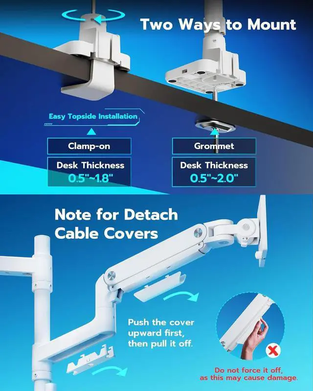 Alt view image 7 of 7 - ARES WING Dual Monitor Arm for Ultrawide Heavy Duty Curved Monitor Stacking, Fits 17-49 Inch, Vertical Gas Spring Double Monitor Mount with USB, Adjustable Dual Monitor Mount for Desk, White