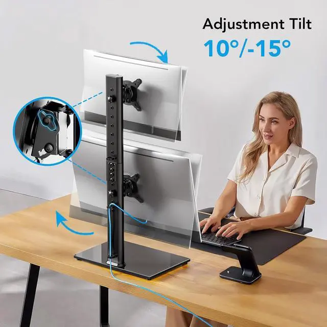 Alt view image 6 of 7 - Dual Monitor Stand - Vertical Stack Screen Free-Standing Desk Mount Arm Riser Fits Two 13 to 34 Inch Computer Monitors with Swivel, Tilt, Height Adjustable, VESA Stand 100 x 100mm, 75 x 75mm AX05TB02