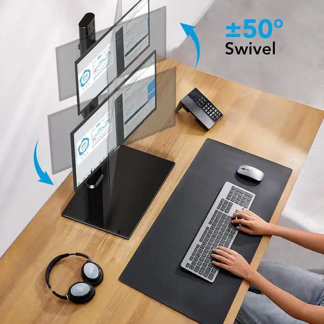 Alt view image 5 of 7 - Dual Monitor Stand - Vertical Stack Screen Free-Standing Desk Mount Arm Riser Fits Two 13 to 34 Inch Computer Monitors with Swivel, Tilt, Height Adjustable, VESA Stand 100 x 100mm, 75 x 75mm AX05TB02