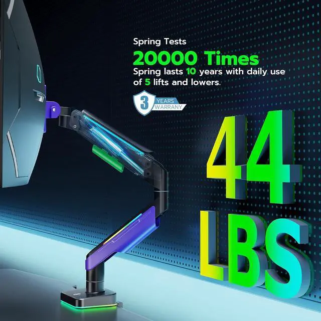 Alt view image 2 of 7 - Ares Wing Monitor Mount for 17 to 49 Inch Curved and Ultrawide Monitor, Vesa Arm Support up to 44lbs, Adjustable Gas Spring Clamp and Grommet Desk Mount Stand, Purple