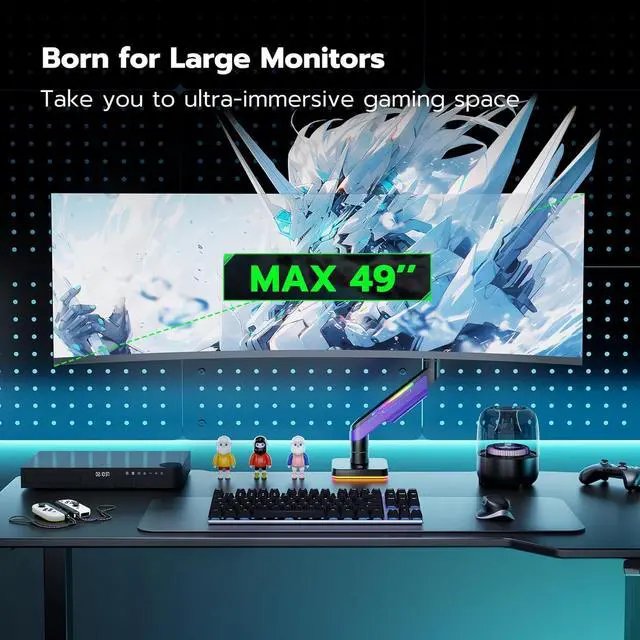 Alt view image 3 of 7 - Ares Wing Monitor Mount for 17 to 49 Inch Curved and Ultrawide Monitor, Vesa Arm Support up to 44lbs, Adjustable Gas Spring Clamp and Grommet Desk Mount Stand, Purple