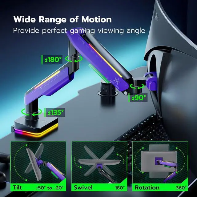 Alt view image 4 of 7 - Ares Wing Monitor Mount for 17 to 49 Inch Curved and Ultrawide Monitor, Vesa Arm Support up to 44lbs, Adjustable Gas Spring Clamp and Grommet Desk Mount Stand, Purple