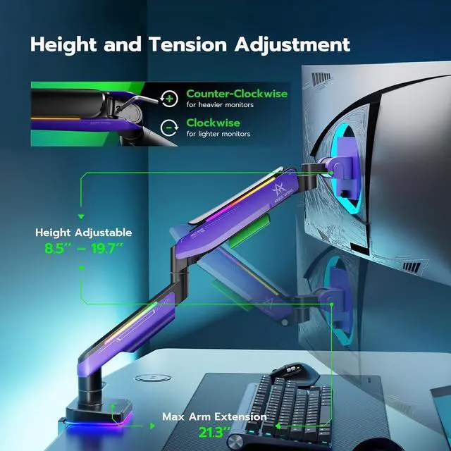 Alt view image 7 of 7 - Ares Wing Monitor Mount for 17 to 49 Inch Curved and Ultrawide Monitor, Vesa Arm Support up to 44lbs, Adjustable Gas Spring Clamp and Grommet Desk Mount Stand, Purple
