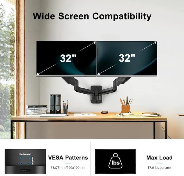 Alt view image 2 of 7 - HUANUO Dual Monitor Wall Mount with Gas Spring Arms - 17-32 Inch Computer Screen Mount (4.4-17.6lbs Per Arm) - VESA 75x75/100x100 Height Adjustable Stand for Dual Monitors - Home Office Desk Setup