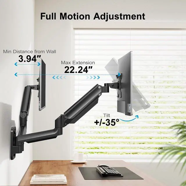 Alt view image 3 of 7 - HUANUO Dual Monitor Wall Mount with Gas Spring Arms - 17-32 Inch Computer Screen Mount (4.4-17.6lbs Per Arm) - VESA 75x75/100x100 Height Adjustable Stand for Dual Monitors - Home Office Desk Setup