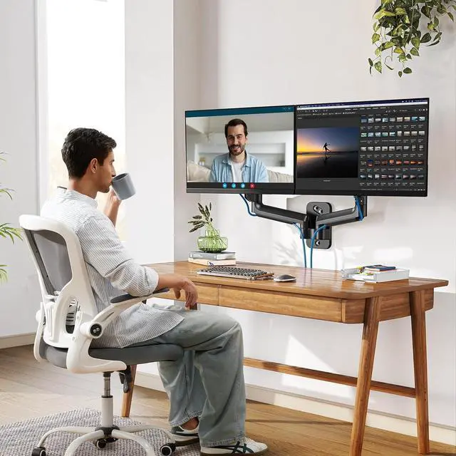 Alt view image 5 of 7 - HUANUO Dual Monitor Wall Mount up to 32-inch Screens, Wall Monitor Mount with Gas Spring System, Height-Adjustable/Tilt/Swivel/Rotate, Dual Monitor Mount Holds 17.6 lbs, VESA 75 or 100mm