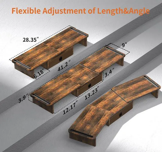 Alt view image 2 of 7 - Dual Monitor Stand Riser with Drawer-Adjustable Length and Angle, Monitor Stand Riser for 2 Monitors, Desktop Organizer Stand for Computer/Laptop/PC/Printer (Rust Brown)
