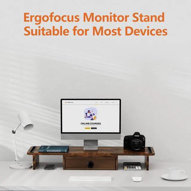 Alt view image 5 of 7 - Dual Monitor Stand Riser with Drawer-Adjustable Length and Angle, Monitor Stand Riser for 2 Monitors, Desktop Organizer Stand for Computer/Laptop/PC/Printer (Rust Brown)