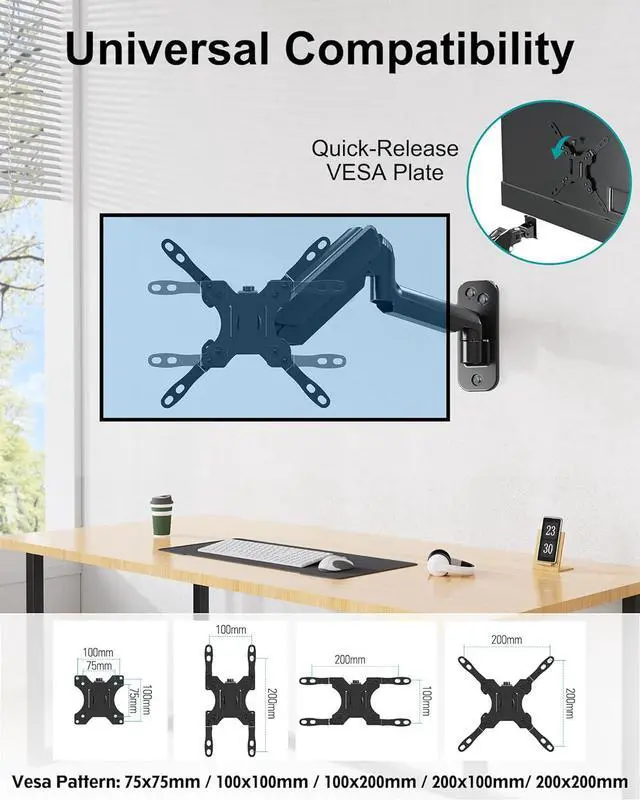 Alt view image 2 of 7 - MOUNT PRO Monitor Wall Mount for Max 35 inch/26.4lbs Flat Curved Screens, Premium Heavy Duty Single Monitor Arm, Full Motion Ultrawide Wall Mount with VESA Extension Kit, VESA Mount 200x200mm