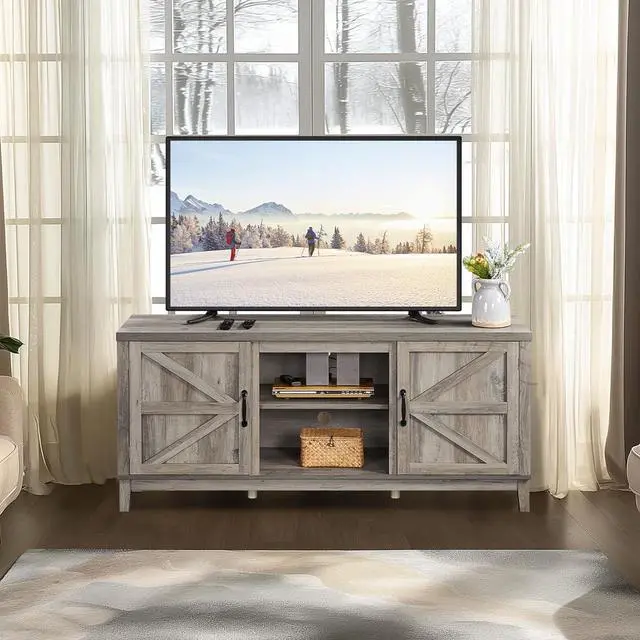 Alt view image 2 of 7 - Yaheetech TV Stand for 65 Inch TV, Farmhouse TV Console Table for Living Room, Tall Entertainment Center with Double Barn Doors for Bedroom, Gray