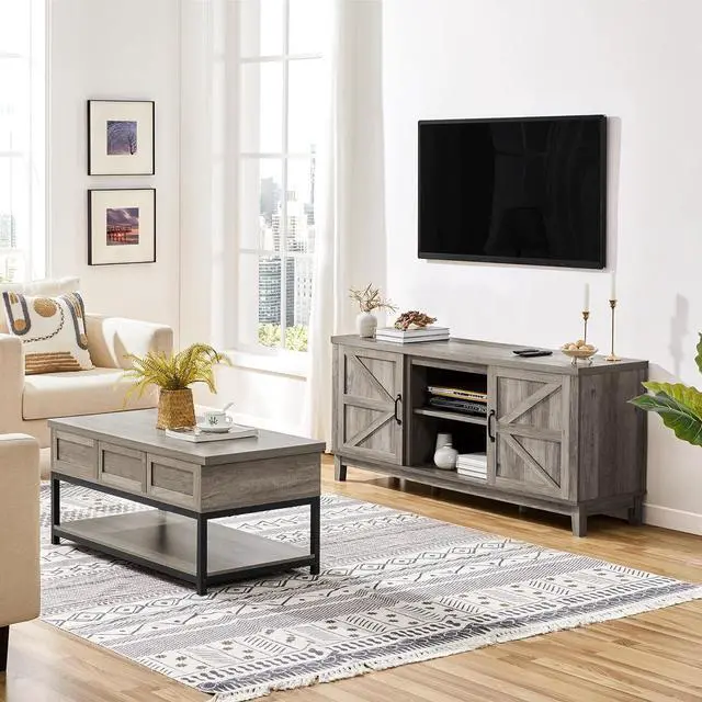 Alt view image 4 of 7 - Yaheetech TV Stand for 65 Inch TV, Farmhouse TV Console Table for Living Room, Tall Entertainment Center with Double Barn Doors for Bedroom, Gray