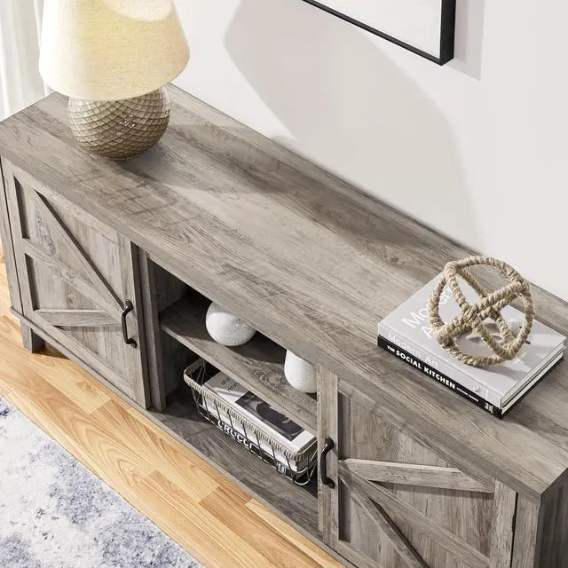 Alt view image 5 of 7 - Yaheetech TV Stand for 65 Inch TV, Farmhouse TV Console Table for Living Room, Tall Entertainment Center with Double Barn Doors for Bedroom, Gray