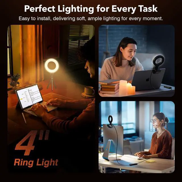 Alt view image 2 of 7 - Ring Light for Laptop/Computer,Zoom Call, 4'' Small Video Conference Lighting with Webcam Style Mount and Tripod,3 Light Modes&10 Brightness Levels,Selfie
