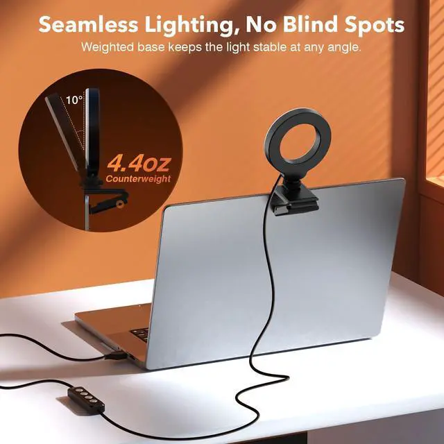Alt view image 3 of 7 - Ring Light for Laptop/Computer,Zoom Call, 4'' Small Video Conference Lighting with Webcam Style Mount and Tripod,3 Light Modes&10 Brightness Levels,Selfie