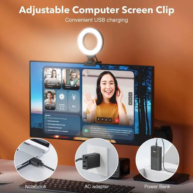 Alt view image 4 of 7 - Ring Light for Laptop/Computer,Zoom Call, 4'' Small Video Conference Lighting with Webcam Style Mount and Tripod,3 Light Modes&10 Brightness Levels,Selfie