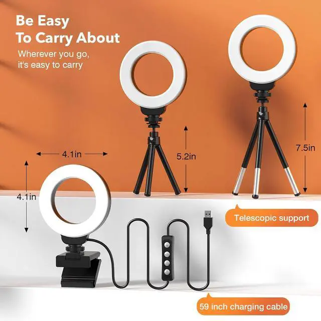 Alt view image 6 of 7 - Ring Light for Laptop/Computer,Zoom Call, 4'' Small Video Conference Lighting with Webcam Style Mount and Tripod,3 Light Modes&10 Brightness Levels,Selfie