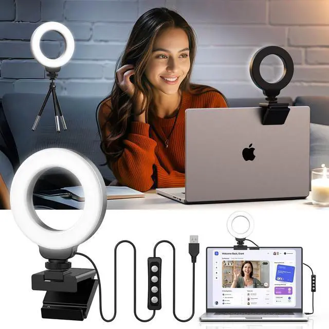 Alt view image 7 of 7 - Ring Light for Laptop/Computer,Zoom Call, 4'' Small Video Conference Lighting with Webcam Style Mount and Tripod,3 Light Modes&10 Brightness Levels,Selfie