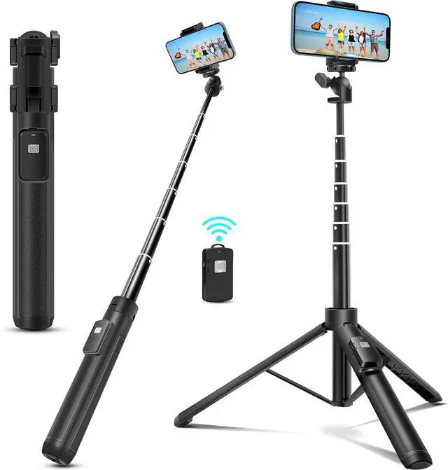 Main image of Extendable 62 inches Aluminum Alloy Selfie Stick Phone Tripod Stand New Model with Wireless Remote Shutter Compatible with All Cell Phones/Live Stream/Vlog/iPhone 16/15/14/13/Android
