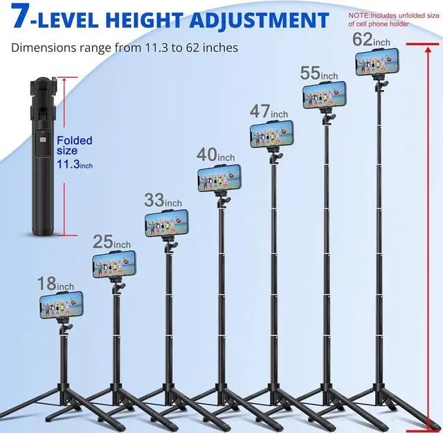 Alt view image 3 of 7 - Extendable 62 inches Aluminum Alloy Selfie Stick Phone Tripod Stand New Model with Wireless Remote Shutter Compatible with All Cell Phones/Live Stream/Vlog/iPhone 16/15/14/13/Android