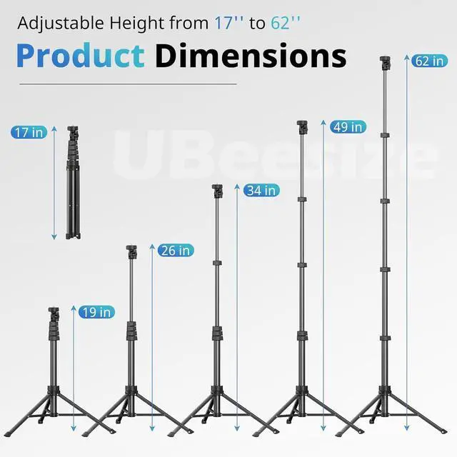 Alt view image 2 of 6 - UBeesize 62" Phone Tripod & Selfie Stick, Camera Tripods Stand with Wireless Remote and Phone Holder,Compatible with iPhone Android Phone, Perfect for Selfies/Video Recording/Live Streaming Black