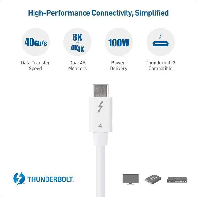 Alt view image 3 of 6 - Cable Matters [Intel Certified] 40Gbps Thunderbolt 4 Cable 2.6ft with 8K Video and 100W Charging in White - 0.8m, Compatible with USB4, Thunderbolt 3 Cable and USB-C