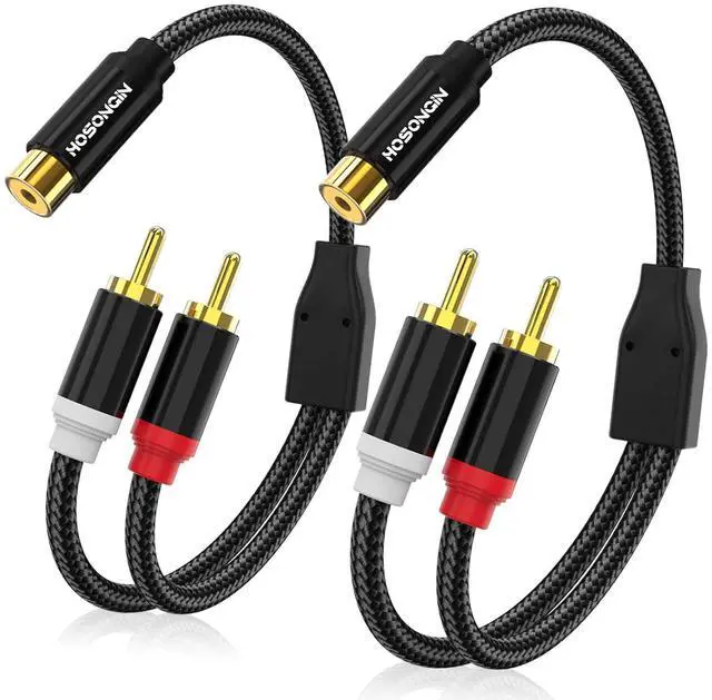 Main image of HOSONGIN 1ft RCA Splitter 1 Female to 2 Male Y Adapter 2 Pack, Short RCA Audio Speaker Splitter Cable, Double Shielding Black Nylon Braided Cable - Gold-Plated Plug - Length 12 Inch