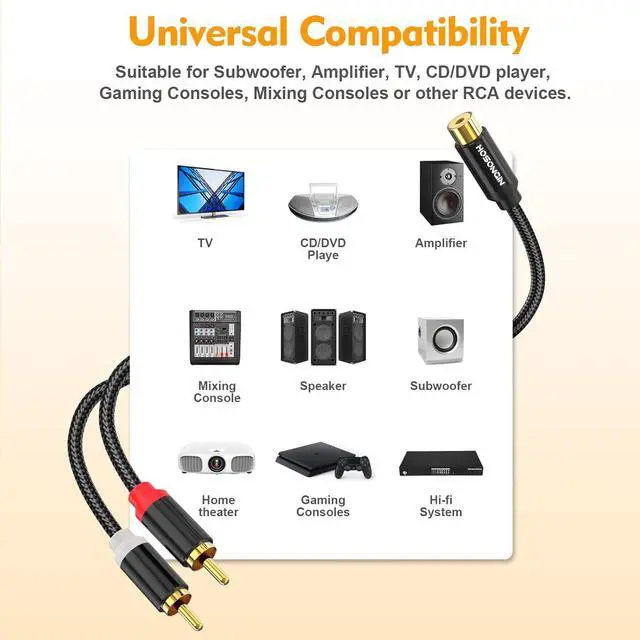 Alt view image 3 of 7 - HOSONGIN 1ft RCA Splitter 1 Female to 2 Male Y Adapter 2 Pack, Short RCA Audio Speaker Splitter Cable, Double Shielding Black Nylon Braided Cable - Gold-Plated Plug - Length 12 Inch