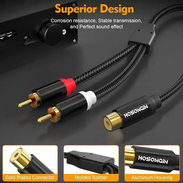 Alt view image 5 of 7 - HOSONGIN 1ft RCA Splitter 1 Female to 2 Male Y Adapter 2 Pack, Short RCA Audio Speaker Splitter Cable, Double Shielding Black Nylon Braided Cable - Gold-Plated Plug - Length 12 Inch