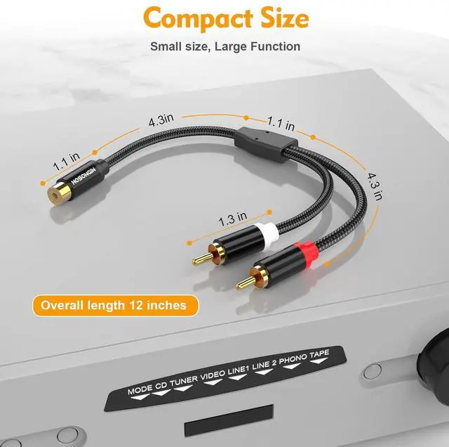 Alt view image 7 of 7 - HOSONGIN 1ft RCA Splitter 1 Female to 2 Male Y Adapter 2 Pack, Short RCA Audio Speaker Splitter Cable, Double Shielding Black Nylon Braided Cable - Gold-Plated Plug - Length 12 Inch