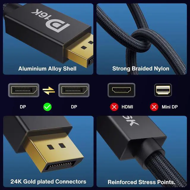 Alt view image 5 of 7 - 16K  Certified Displayport Cable 2.1 DP Cord [16K@60Hz 8K@120Hz 4K@240Hz] 80Gbps Display Port 2.1/2.0 Cable Support HDR10 HDCP DSC 1.2a Compatible Gaming Monitor TV Graphics(6.6ft)