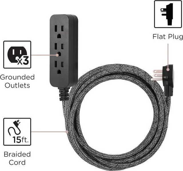 Alt view image 2 of 7 - Cordinate 3-Outlet Power Strip Extension Cord with Multiple Outlets 15 Ft Braided Long Cord, Grounded Flat Plug, ETL Listed Gray 50012