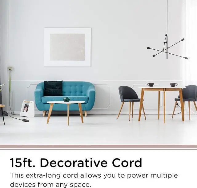 Alt view image 3 of 7 - Cordinate 3-Outlet Power Strip Extension Cord with Multiple Outlets 15 Ft Braided Long Cord, Grounded Flat Plug, ETL Listed Gray 50012