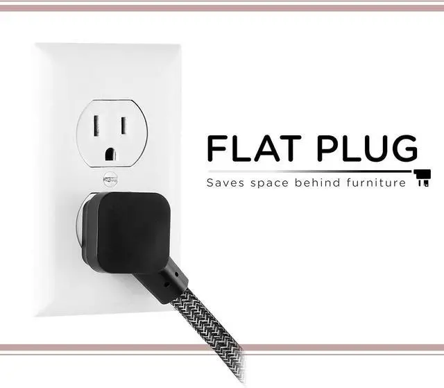 Alt view image 4 of 7 - Cordinate 3-Outlet Power Strip Extension Cord with Multiple Outlets 15 Ft Braided Long Cord, Grounded Flat Plug, ETL Listed Gray 50012