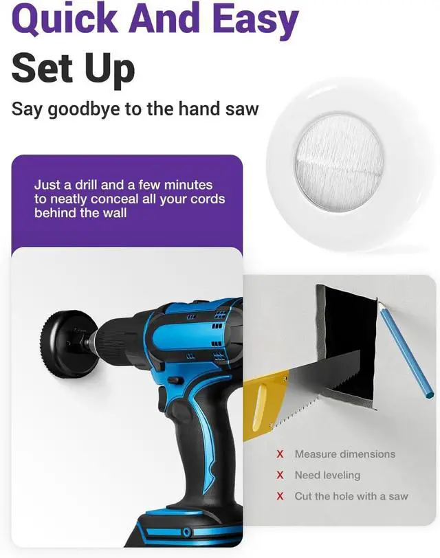 Alt view image 3 of 7 - VCELINK Brush in Wall Cable Management Kit for Wall Mounted TV, Cord Hider for Low Voltage Cables Pass Through, Includes Hole Saw Drill Attachment and Mounting Brackets for Easy Install, White, 2-Pack