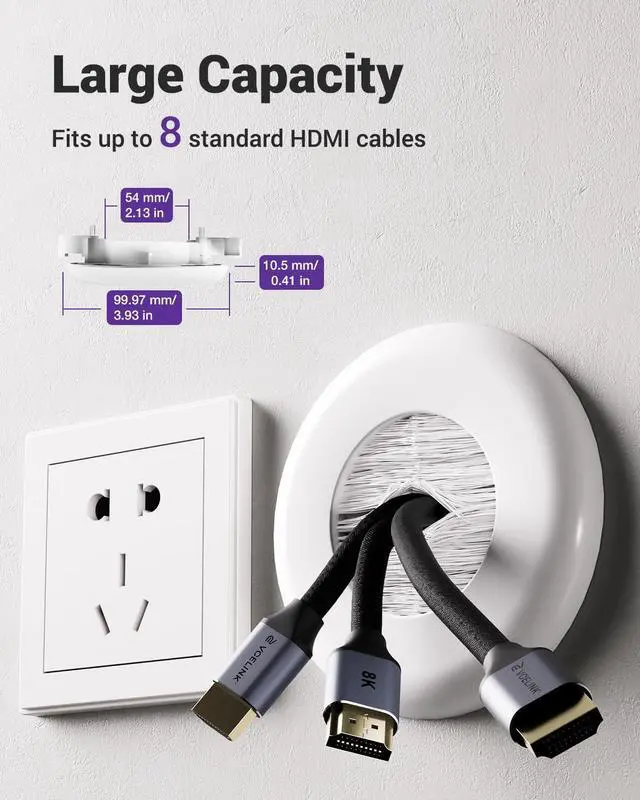 Alt view image 5 of 7 - VCELINK Brush in Wall Cable Management Kit for Wall Mounted TV, Cord Hider for Low Voltage Cables Pass Through, Includes Hole Saw Drill Attachment and Mounting Brackets for Easy Install, White, 2-Pack