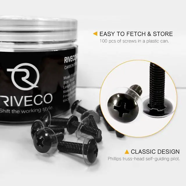 Alt view image 4 of 6 - RIVECO 100PCS 10-32 Rack Screws for Server Cabinets & Racks Tapered Holes Mounting Network Equipment Audio Devices, Carbon Steel Black