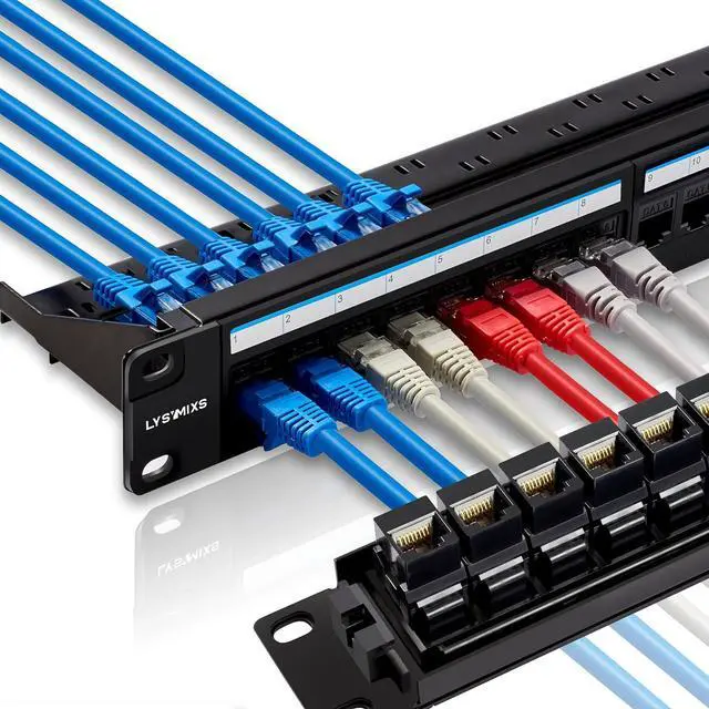 Main image of 24 Port RJ45 Patch Panel Cat6 Feed Through, Coupler Network Panel 19 Inch, Inline Keystone Ethernet Patch Panel with Back Bar