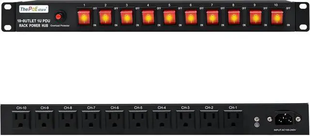 Main image of 10 Outlet Horizontal 1U PDU Rack Mount Power Strip - Surge Protection,10 Individual Led SwitchesAC 100V-240V-15A.for Network Server Racks, 6 ft Heavy Power Cord, by ThePoEstore