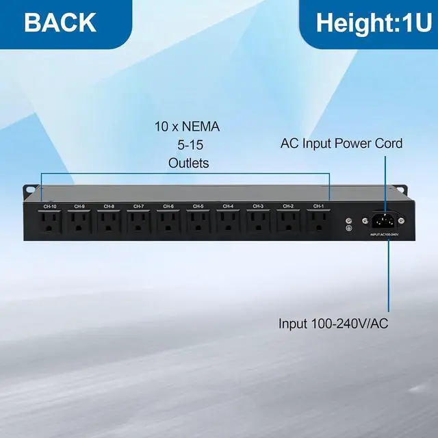 Alt view image 3 of 6 - 10 Outlet Horizontal 1U PDU Rack Mount Power Strip - Surge Protection,10 Individual Led SwitchesAC 100V-240V-15A.for Network Server Racks, 6 ft Heavy Power Cord, by ThePoEstore