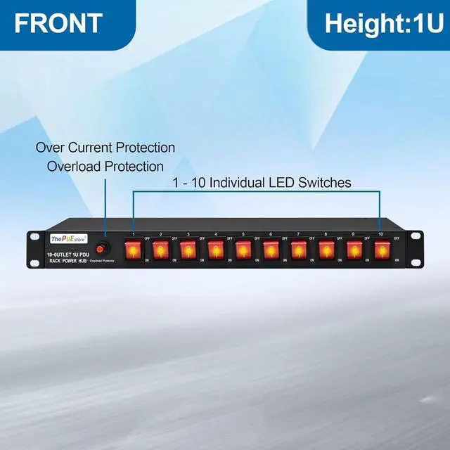 Alt view image 2 of 6 - 10 Outlet Horizontal 1U PDU Rack Mount Power Strip - Surge Protection,10 Individual Led SwitchesAC 100V-240V-15A.for Network Server Racks, 6 ft Heavy Power Cord, by ThePoEstore