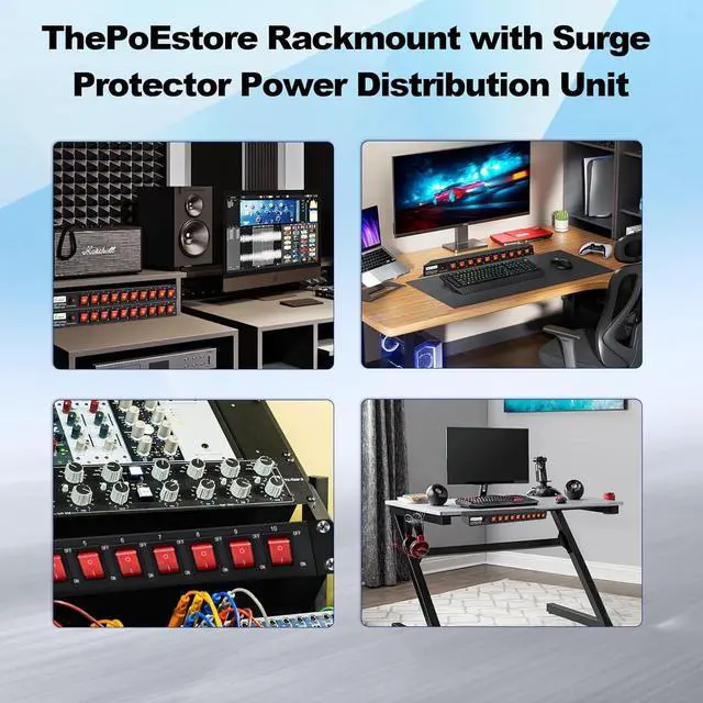 Alt view image 6 of 6 - 10 Outlet Horizontal 1U PDU Rack Mount Power Strip - Surge Protection,10 Individual Led SwitchesAC 100V-240V-15A.for Network Server Racks, 6 ft Heavy Power Cord, by ThePoEstore