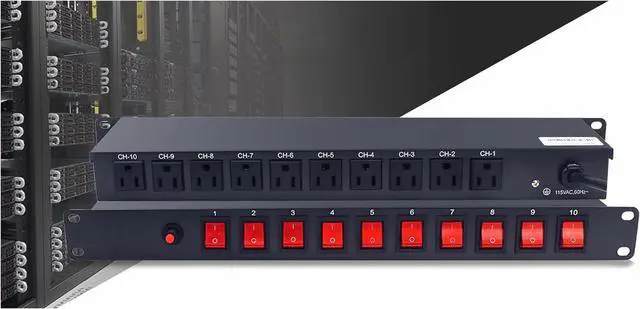 Alt view image 2 of 4 - 10 Outlets 15 Amps 125V Power Strip 19" 1U Rack Mount PDU Surge Protector and Switch Control 1800 Joules for Network Server Racks 4.5-ft Power Cable Power Strips with 10 Individual Switch