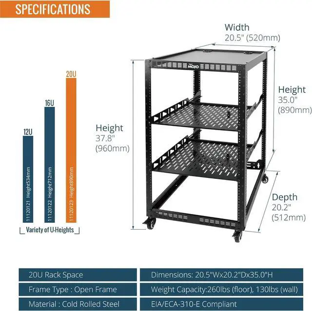 Alt view image 2 of 6 - Tecmojo 20U Open Frame Network Rack for IT &AV Gear, AV Rack 4-Post with casters, Mobile 20U Rack with 2 PCS 1U Server Rack Shelf & Mounting Hardware, for 19" Network,Audio and Video Device