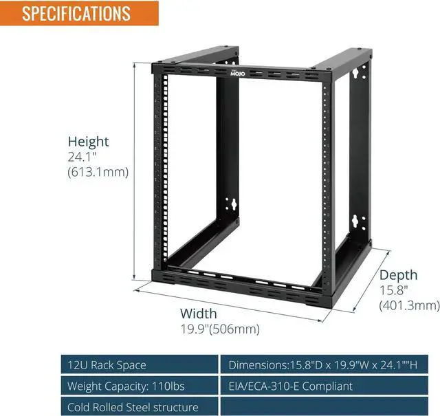 Alt view image 2 of 6 - Tecmojo 12U Wall Mount Rack, Wall Mount Network Rack 15.8in Depth, Open Frame Server Rack for 19in IT/AV/Data/Home Equipment, Black