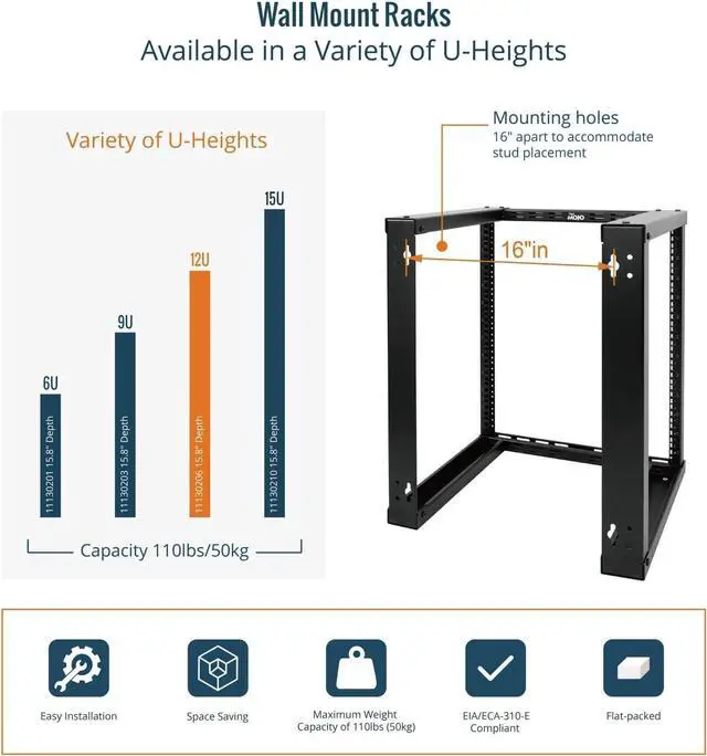 Alt view image 5 of 6 - Tecmojo 12U Wall Mount Rack, Wall Mount Network Rack 15.8in Depth, Open Frame Server Rack for 19in IT/AV/Data/Home Equipment, Black