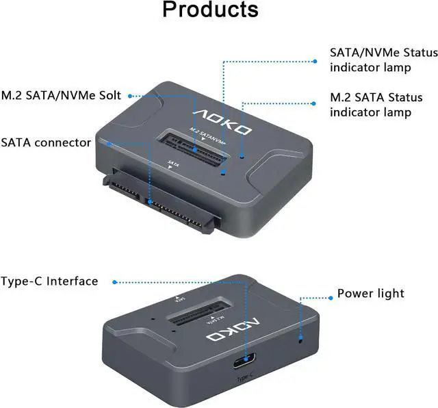 Alt view image 2 of 7 - AOKO M.2 NVMe SSD Reader Adapter, External Hard Drive Reader 10Gbps M.2 SSD to USB Adapter /NVMe Docking Station ,Compatible with M.2 NVMe/SATA SSD & 2.5" SATA SSD