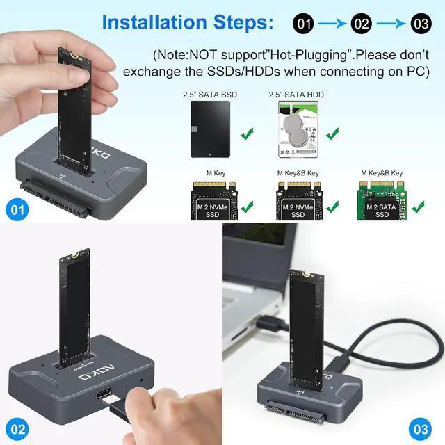 Alt view image 3 of 7 - AOKO M.2 NVMe SSD Reader Adapter, External Hard Drive Reader 10Gbps M.2 SSD to USB Adapter /NVMe Docking Station ,Compatible with M.2 NVMe/SATA SSD & 2.5" SATA SSD