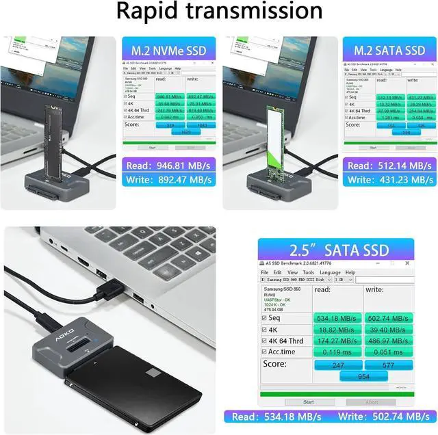 Alt view image 6 of 7 - AOKO M.2 NVMe SSD Reader Adapter, External Hard Drive Reader 10Gbps M.2 SSD to USB Adapter /NVMe Docking Station ,Compatible with M.2 NVMe/SATA SSD & 2.5" SATA SSD