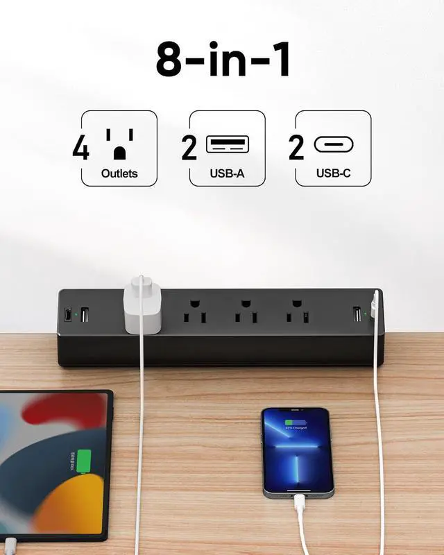 Alt view image 2 of 7 - Desk Clamp Power Strip, 1875W Surge Protectors with 2 USB A, 2 USB C Ports, 4 AC Outlets, Desk Mount Charging Station, Fit 1.7 inch Tabletop Edge Thick, Desktop Outlets for Home Office.