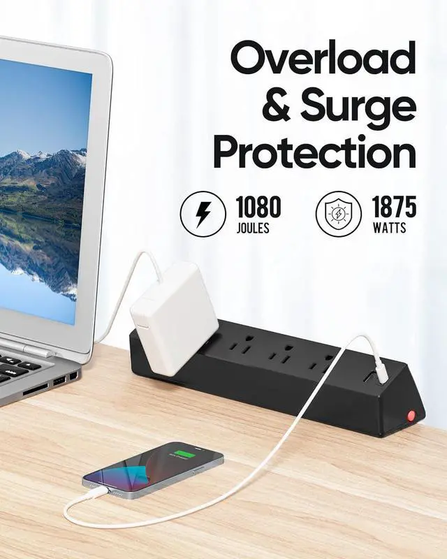 Alt view image 3 of 7 - Desk Clamp Power Strip, 1875W Surge Protectors with 2 USB A, 2 USB C Ports, 4 AC Outlets, Desk Mount Charging Station, Fit 1.7 inch Tabletop Edge Thick, Desktop Outlets for Home Office.